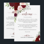 Burgundy Blush Roses Wedding Welcome & Itinerary Program<br><div class="desc">These beautiful cards are designed to welcome your guests and special members of your wedding party. The rustic boho chic design includes hand painted watercolor roses, eucalyptus leaves, and garden greenery in shades of burgundy, red, and blush pink. The front has space for a welcome message, and on the back...</div>