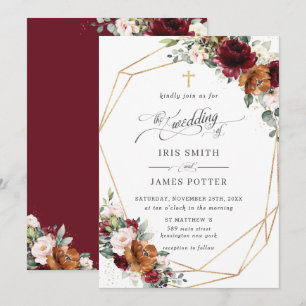 Burgundy Blush Rust Orange Floral Church Wedding   Invitation