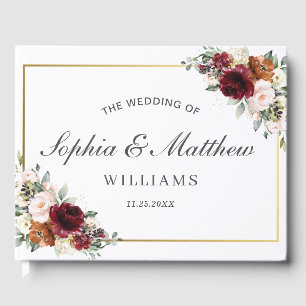 Burgundy Blush Rust Orange Floral Greenery Wedding Guest Book