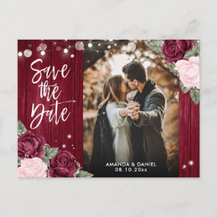 Burgundy Blush Rustic Wedding Photo Save The Date Announcement Postcard