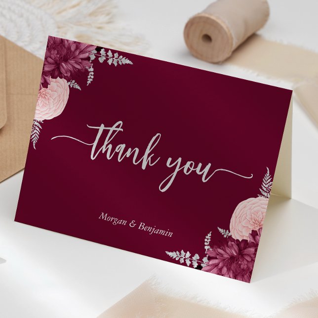 Burgundy Blush Silver Floral Script Wedding Thank You Card (Creator Uploaded)