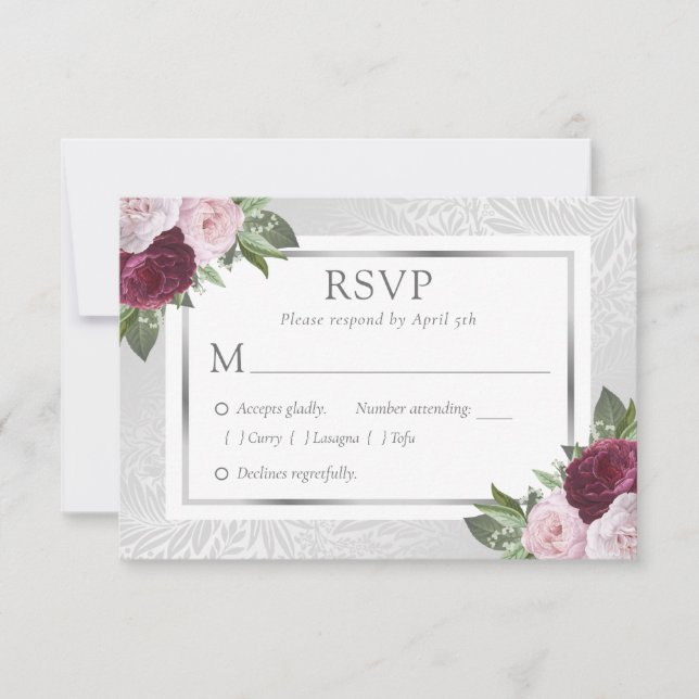Burgundy Blush Silver Floral Wedding Cartes RSVP (Devant)