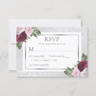Burgundy Blush Silver Floral Wedding RSVP Cards