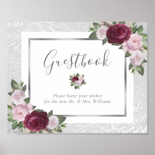 Burgundy Blush Silver Wedding Guest Book Sign