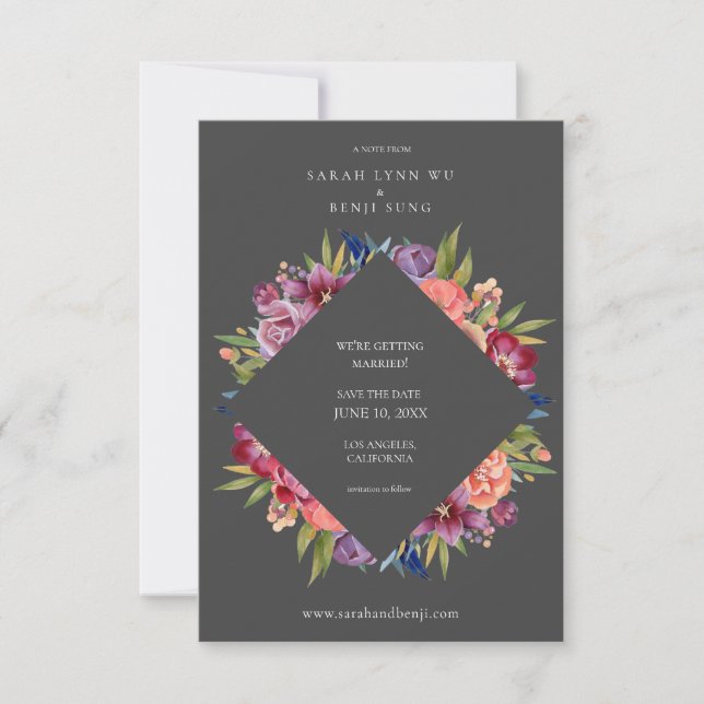 Burgundy Blush Tropical Floral Wedding- Grey Save The Date (Front)