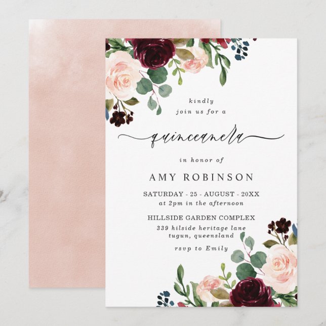 Burgundy & Blush Watercolor Elegant Quinceanera Invitation (Front/Back)