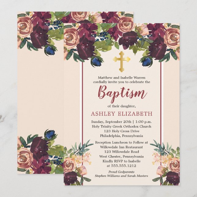 Burgundy | Blush Watercolor Floral Baptism Invitation (Front/Back)