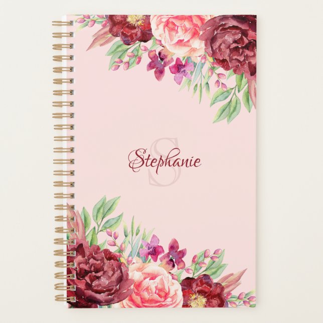 Burgundy Blush Watercolor Floral Monogram Planner (Front)