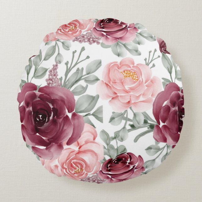 Burgundy blush watercolor floral round pillow (Front)