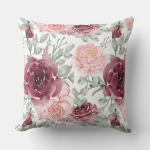 Burgundy blush watercolor floral throw pillow