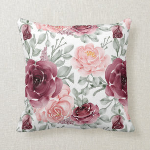 Burgundy blush watercolor floral throw pillow