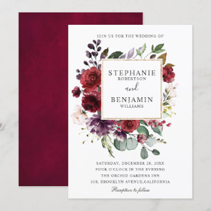 Burgundy Blush Watercolor Floral Wedding Invitation
