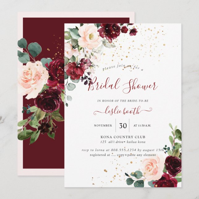 Burgundy Blush Watercolor Flowers Bridal Shower Invitation (Front/Back)