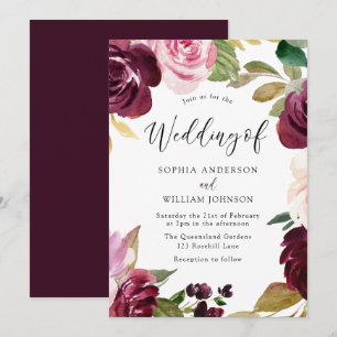 Burgundy Blush Watercolor Flowers Elegant Wedding Invitation