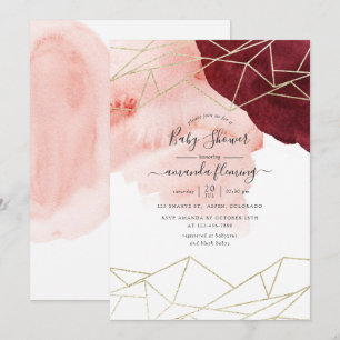 Burgundy Blush Watercolor Geometric Baby Shower Invitation