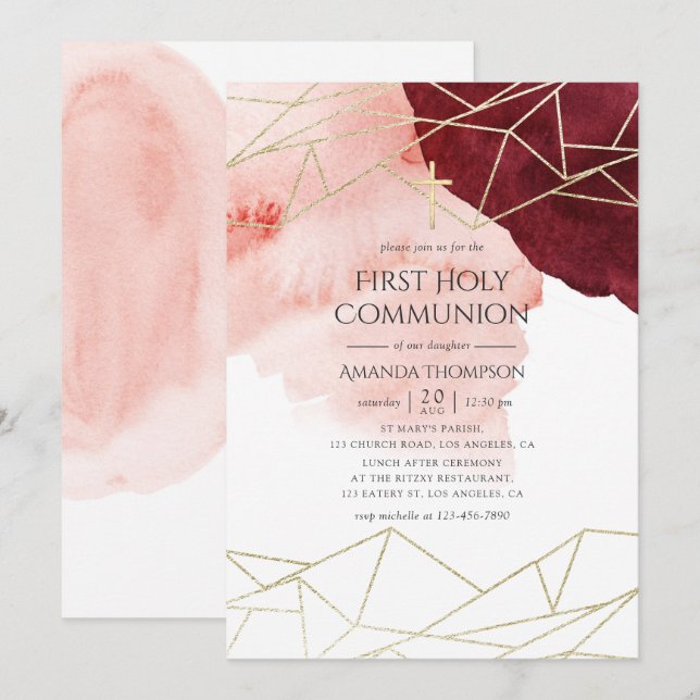 Burgundy Blush Watercolor Geometric Holy Communion Invitation (Front/Back)