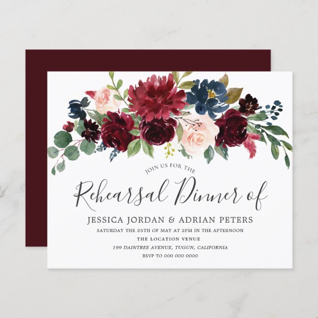 Burgundy Blush Wedding Rehearsal Dinner Invitation (Front/Back)