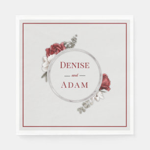 Burgundy Blush & White Roses Silver Foil    Napkin
