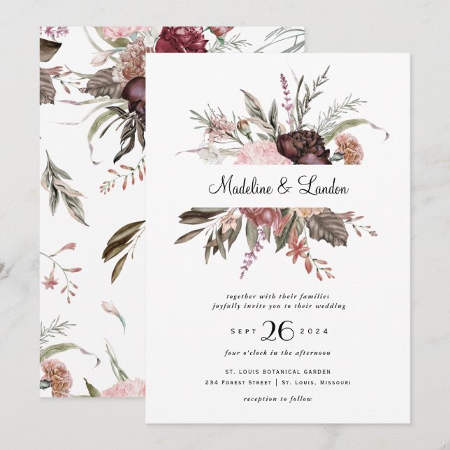Burgundy Blush Wildflower Wedding Invitation (Front/Back)