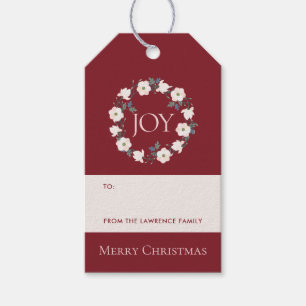 Burgundy Blush Wreath Joy Floral Christmas Holiday Gift Tags