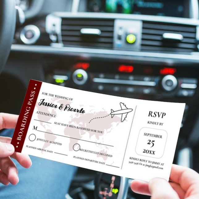 Burgundy boarding pass wedding RSVP enclosure card (Creator Uploaded)