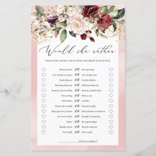Burgundy Bogo Blush Pink Floral Bridal Shower Game