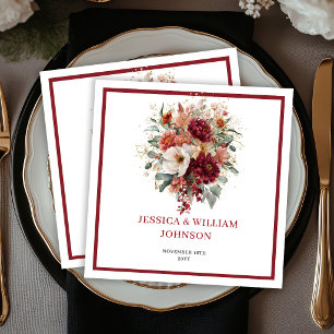 Burgundy Bohemian Fall Flowers Greenery Wedding  Napkin