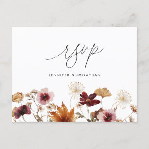 Burgundy Boho Automne Floral Mariage RSVP Carte po