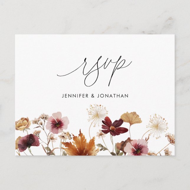 Burgundy Boho Automne Floral Mariage RSVP Carte po (Devant)