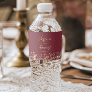 Burgundy Boho Chic Wildflowers Simple Wedding Water Bottle Label