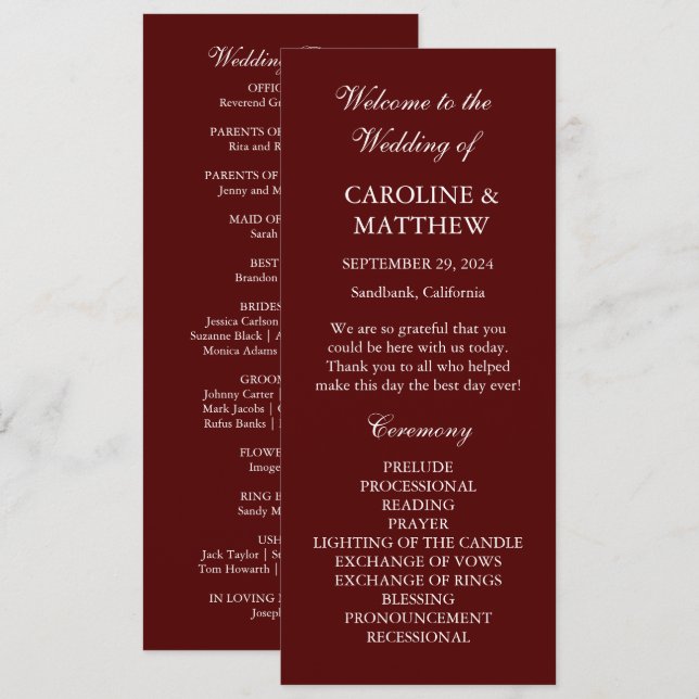 Burgundy Boho Dinner Modern Minimalistic Wedding  Program (Front/Back)