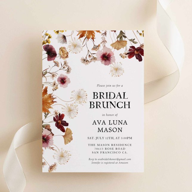 Burgundy Boho Fall Floral Bridal Brunch Invitation (Fall Burgundy Floral Bridal Brunch Invitation)