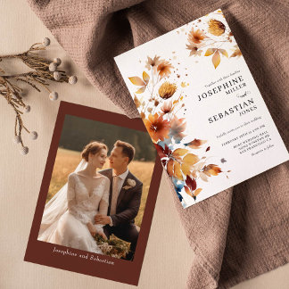 Burgundy Boho Fall Floral Photo Faire-part de mari