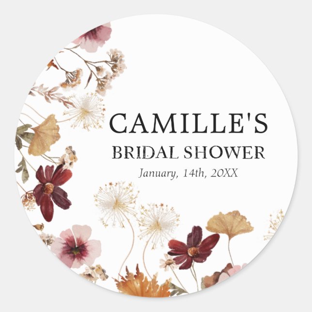 Burgundy Boho Fall Floral Round Sticker (Devant)