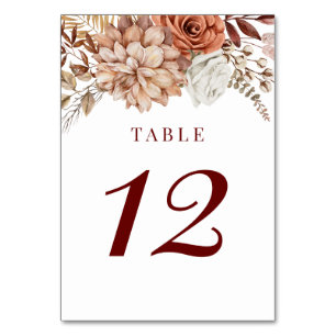 Burgundy Boho Fall Floral Wedding Table Number