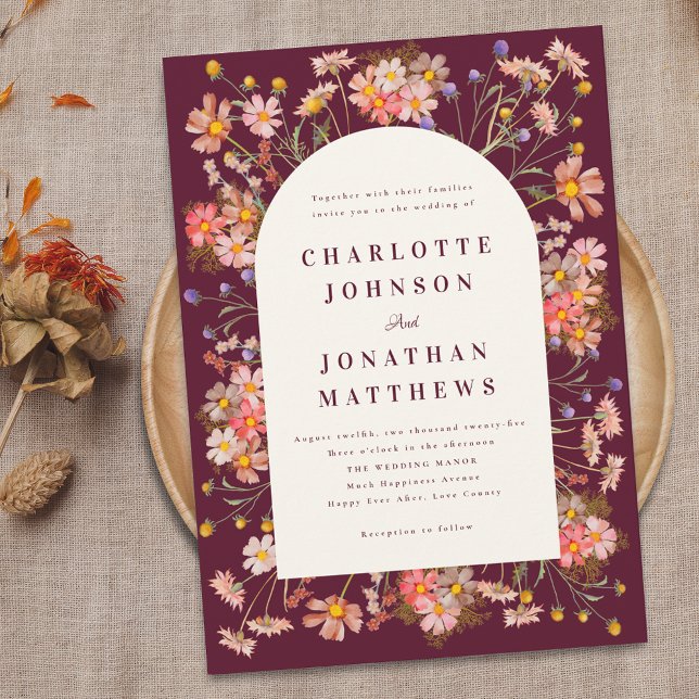 Burgundy Boho Fall Wildflower Wedding Invitation (Burgundy boho rustic wildflower arch fall wedding invitation Watercolor flowers elegant modern)