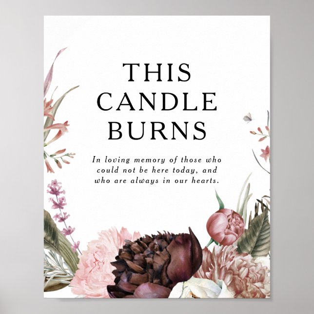 Burgundy Boho Flora This Candle Burns Wedding Sign (Front)
