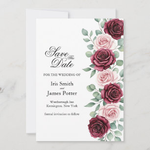 Burgundy Boho floral and Blush Pink Rose Save the  Date