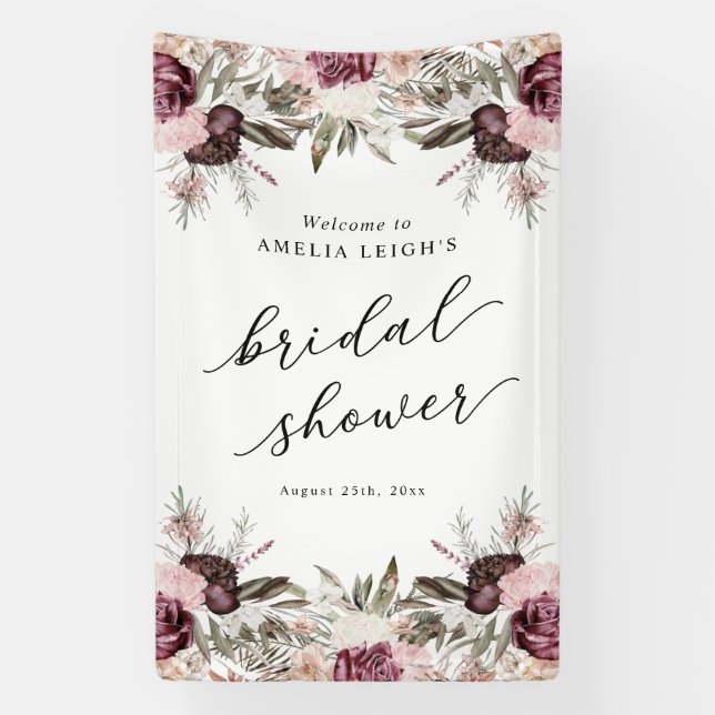 Burgundy Boho Floral Bridal Shower Banner (Vertical)