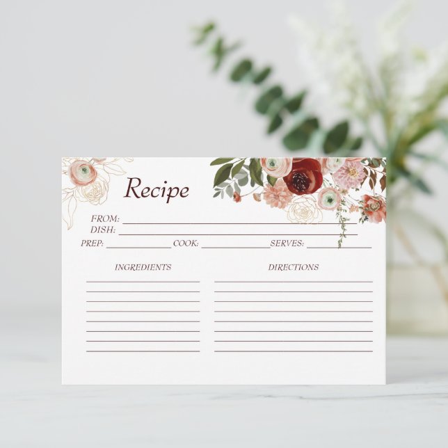 Burgundy Boho Floral Bridal Shower Recipe Card (Standing Front)