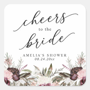 Burgundy Boho Floral Bridal Shower Square Sticker