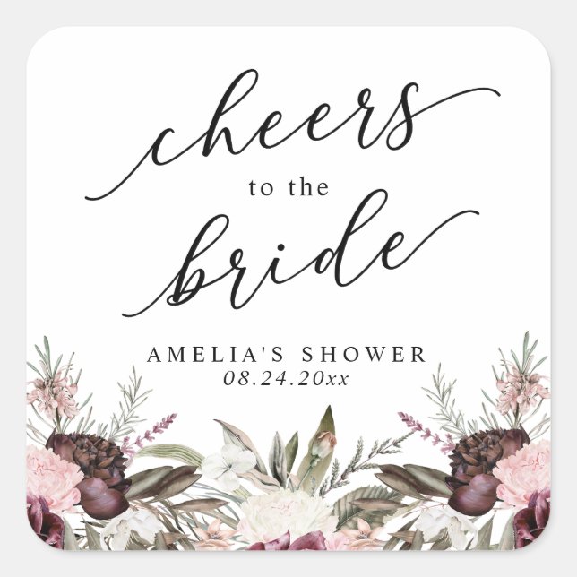 Burgundy Boho Floral Bridal Shower Square Sticker (Front)