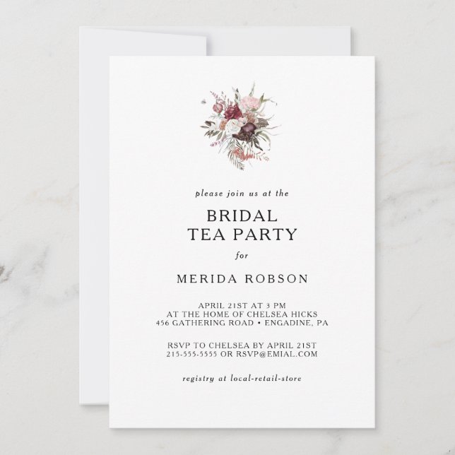 Burgundy Boho Floral Bridal Tea Party Invitation (Front)