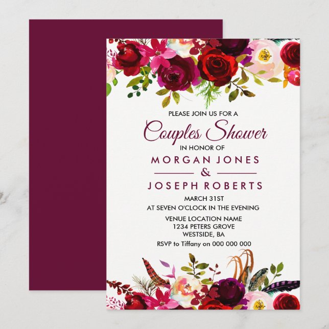 Burgundy Boho Floral Couples Shower Invitation (Front/Back)
