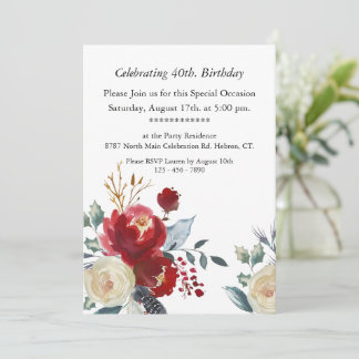 Burgundy Boho Floral, Customizable,40th Birthday Invitation