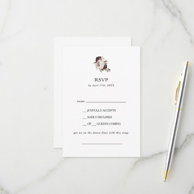 Burgundy Boho Floral Demande de Chanson RSVP Card (Devant/Arrière en situation)