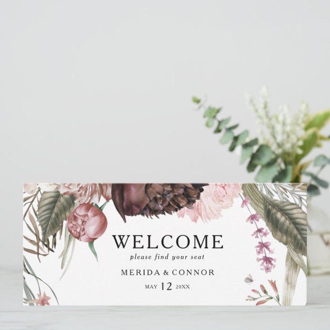 Burgundy Boho Floral Hanging Seating Chart Header (Standing Front)