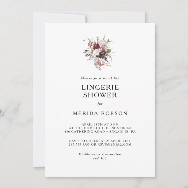 Burgundy Boho Floral Lingerie Shower Invitation (Front)