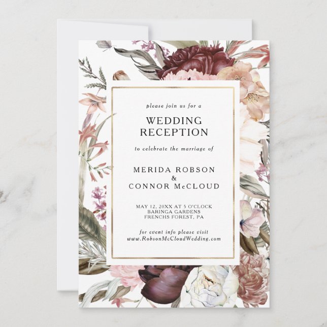 Burgundy Boho Floral Mariage Réception Invitation (Devant)