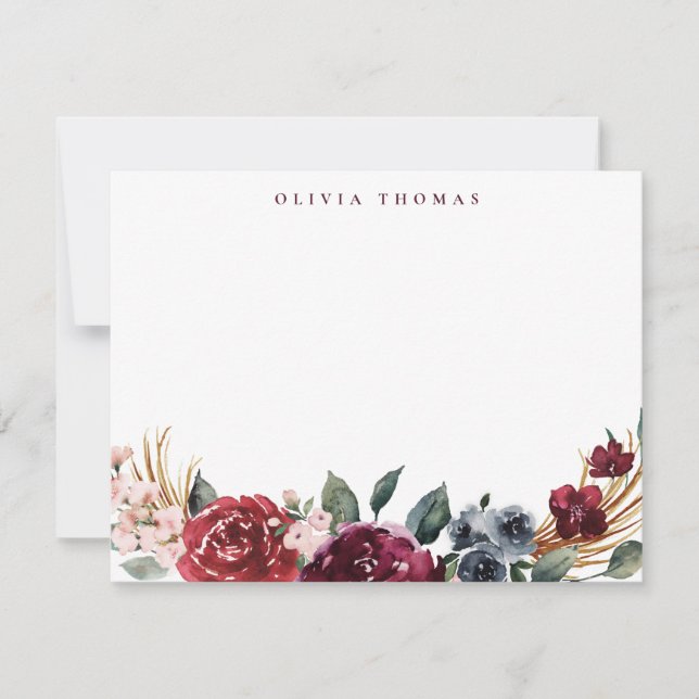 Burgundy boho floral personalized Stationery Card (Front)